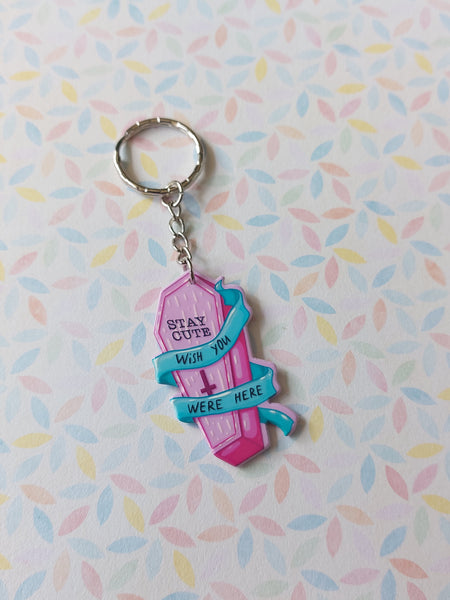 pastel goth keyring - "wish you were here" coffin 