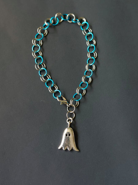 Blue Ghost Charm Bracelet | Silver Plated Pendant | Handmade Chain | Cute Spooky Accessory | Halloween Gift