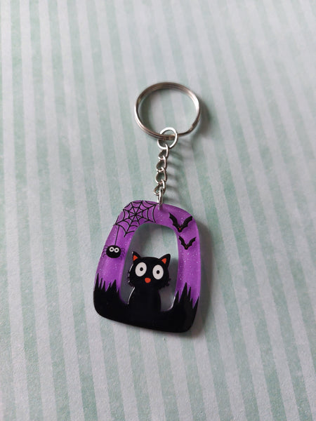 square glitter halloween keyring - black cat 