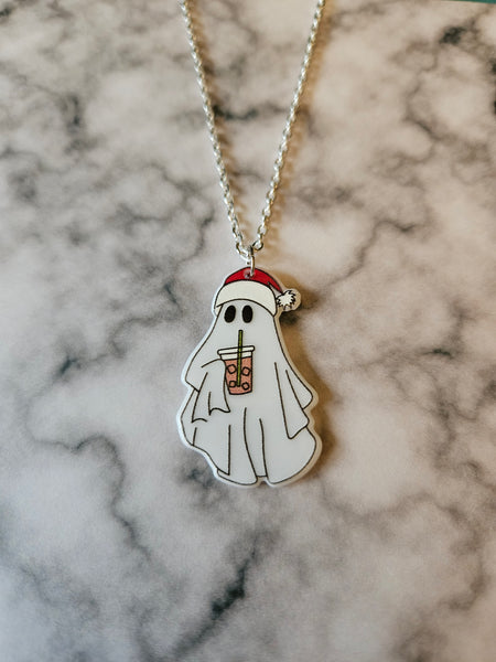 Christmas Ghost Necklace | Resin Pendant | Cute Spooky Xmas Jewellery | Handmade Holiday Gift | Silver Chain