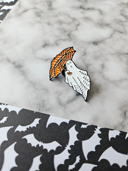 ghost with umbrella pin badge