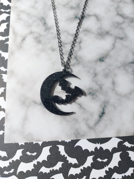 glitter bats moon necklace