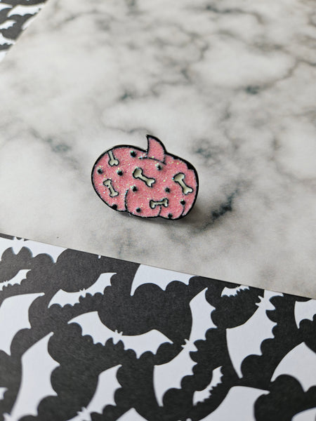 glitter pink bones pumpkin pin badge
