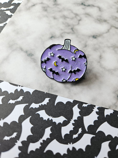 glitter purple bats pumpkin pin badge 