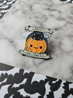 "happy halloween" black cat pumpkin pin badge 