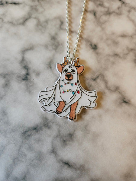 Christmas Ghost Dog Necklace | Double-Sided Resin Pendant | Cute Spooky Festive Jewellery | Handmade Gift