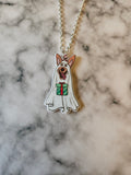 Christmas Ghost Dog Necklace | Double-Sided Resin Pendant | Cute Spooky Festive Jewellery | Handmade Gift