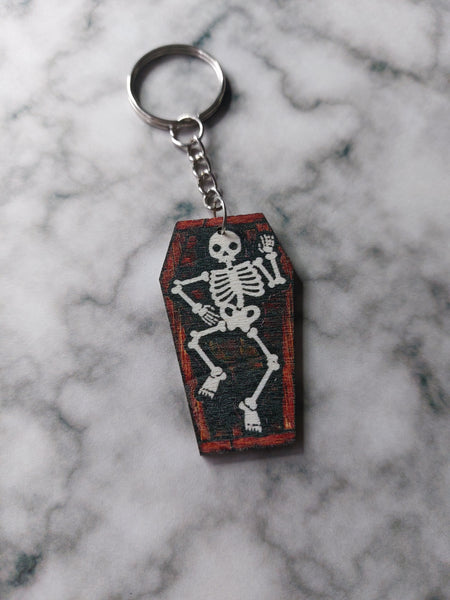 wooden coffin keyring - skeleton