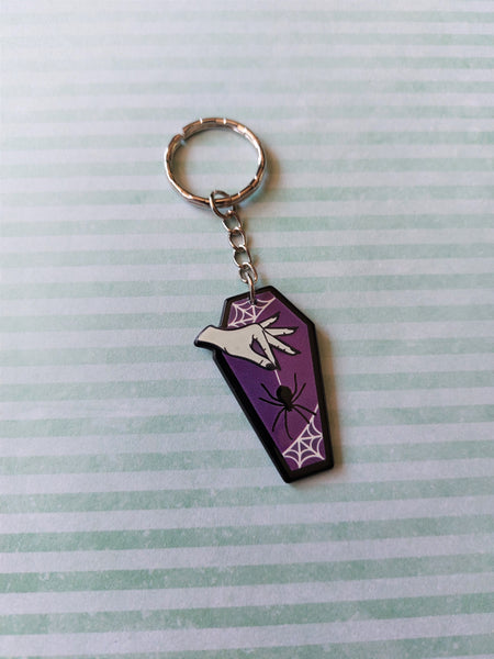 coffin keyring - spider (purple) 