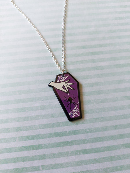 coffin necklace - spider (purple) 