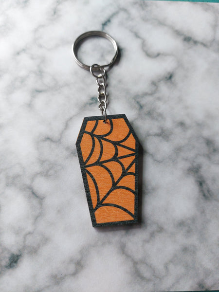 wooden coffin keyring - spiderweb