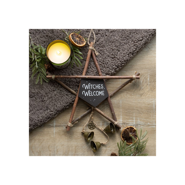 30cm Witches Welcome Willow Pentagram Sign with Bells