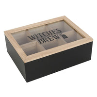 A wooden tea bag storage box with a glass top, featuring 'Witches Brew' text and a magical tea bag design.