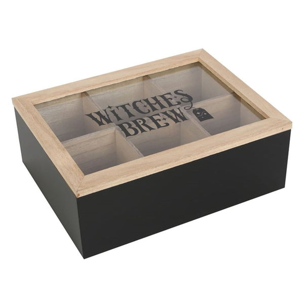 A wooden tea bag storage box with a glass top, featuring 'Witches Brew' text and a magical tea bag design.