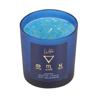 A blue candle with a jasmine fragrance, featuring water element symbol and zodiac signs Cancer, Scorpio, and Pisces.