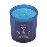 A blue candle with a jasmine fragrance, featuring water element symbol and zodiac signs Cancer, Scorpio, and Pisces.