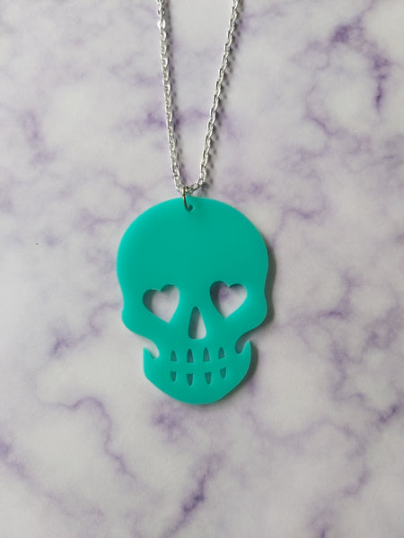 skull necklace - aqua