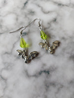 Beaded Bat Earrings – Lime Green Glass Beads, Silver Plated Charms, Halloween Jewelry, Fun Dangle Earrings, Gift for Her