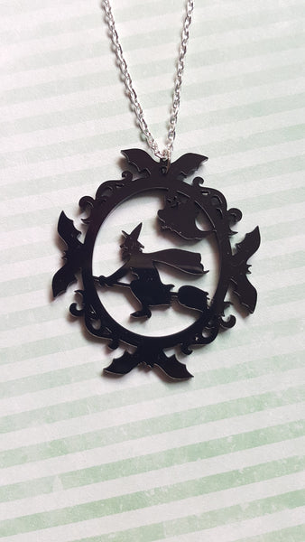 flying witch cameo necklace - black