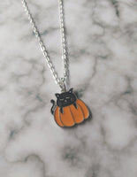 Black Cat Pumpkin Necklace – Cute Halloween Jewellery, Spooky Cat Lover Gift, Silver Enamel Pendant, Autumn Accessory