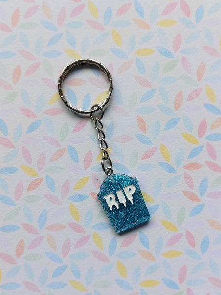 RIP gravestone keyring - blue (glitter) 