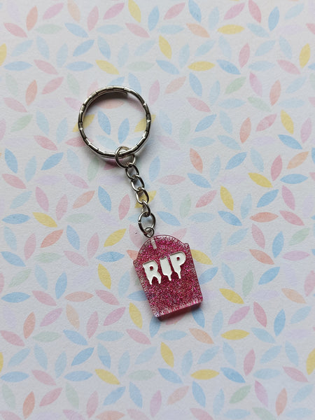 RIP gravestone keyring - bright pink (glitter) 