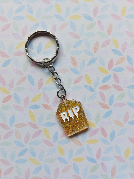 RIP gravestone keyring - gold (glitter) 