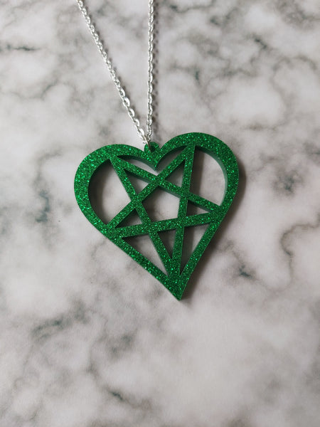 glitter heart pentagram necklace - green