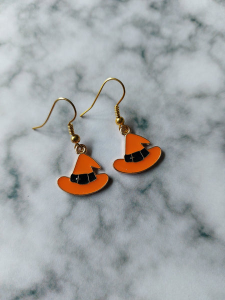witch hat earrings - orange