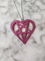 glitter heart pentagram necklace - pink 