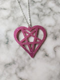 glitter heart pentagram necklace - pink 