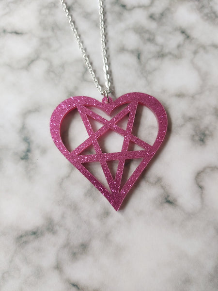 glitter heart pentagram necklace - pink 