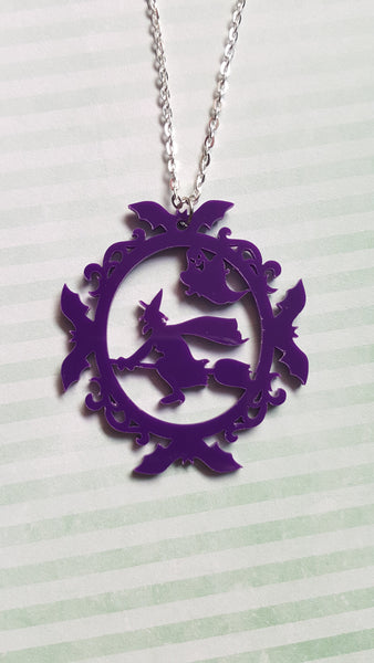 flying witch cameo necklace - purple 