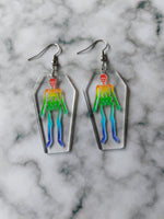 rainbow skeleton coffin earrings