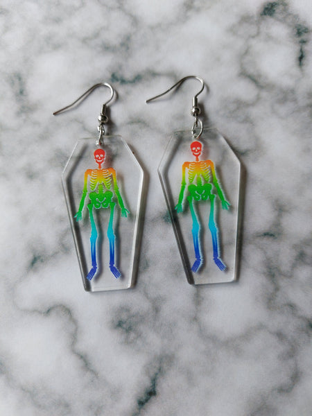 rainbow skeleton coffin earrings