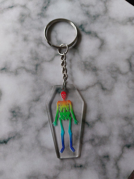 rainbow skeleton coffin keyring 