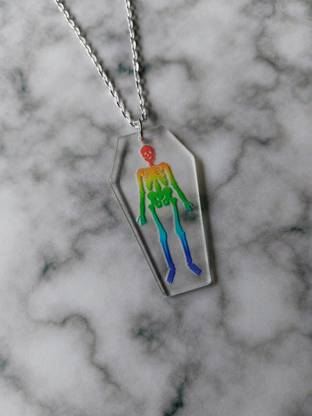 rainbow skeleton coffin necklace