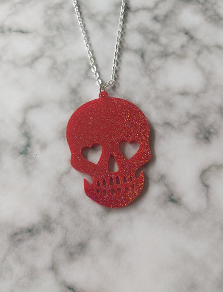 skull necklace - red (glitter)