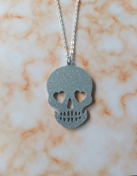 skull necklace - silver (glitter)